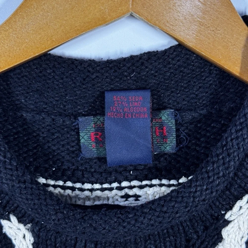 Ralph Lauren Hand Knit Sweater Vest L Black Fair Isle Southwestern Silk Linen